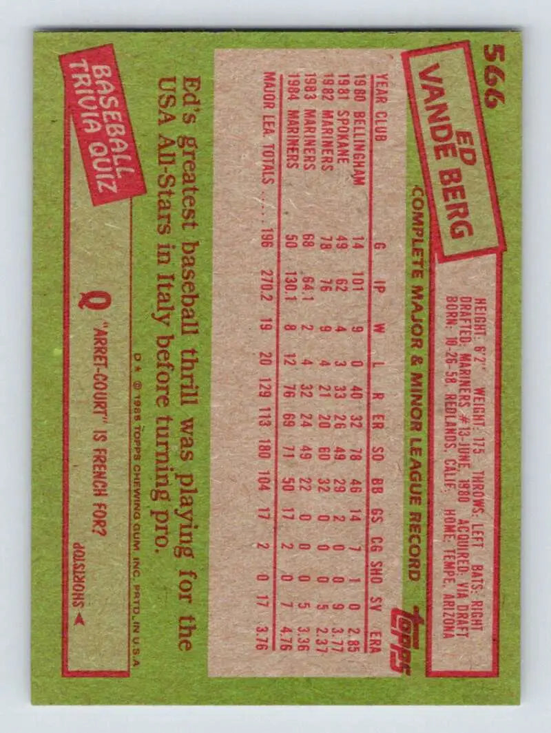 1985 Topps #566 Ed Vande Berg EX Excellent Seattle Mariners Baseball Card - Baseball Card Single