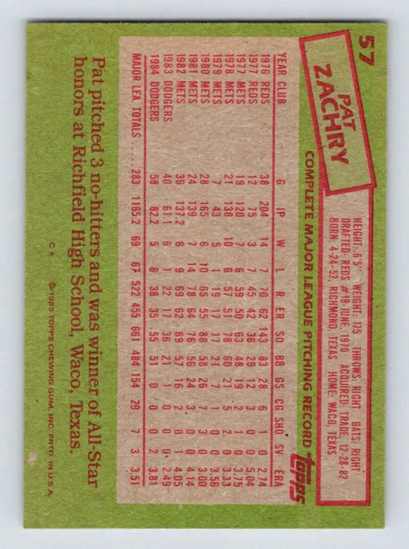 1985 Topps #57 Pat Zachry EX Excellent Los Angeles Dodgers Baseball Card - Baseball Card Single