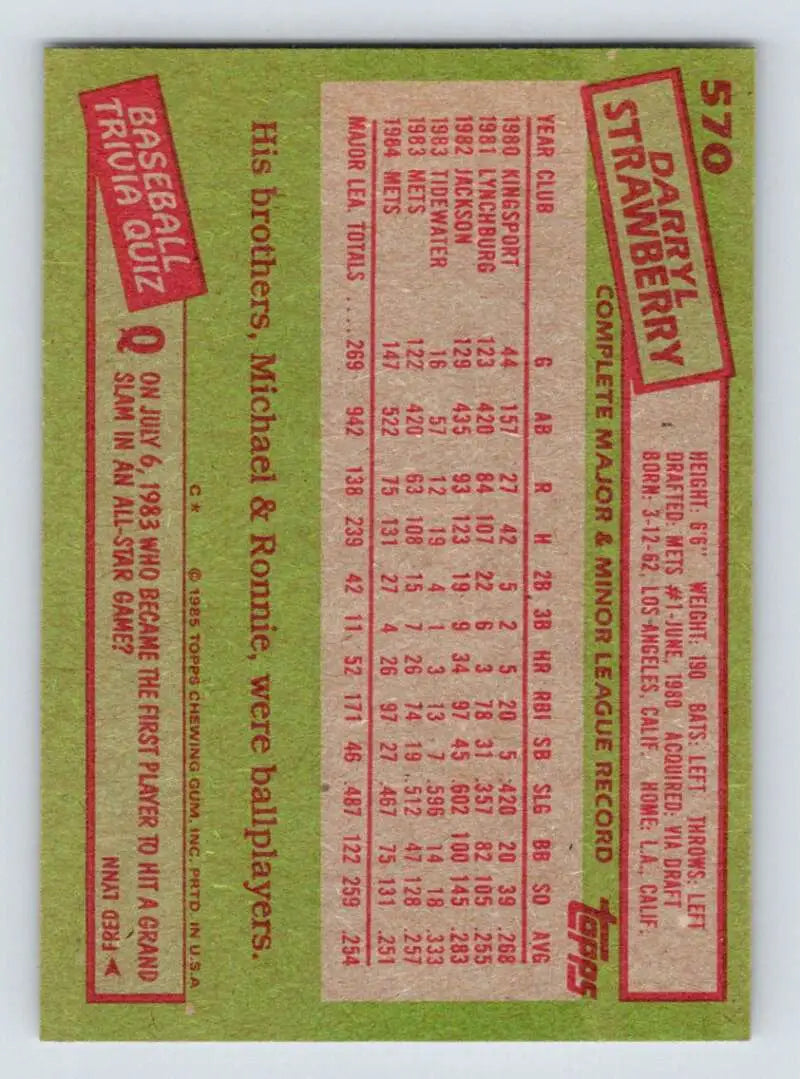 1985 Topps #570 Darryl Strawberry EX Excellent New York Mets Baseball Card - Baseball Card Single