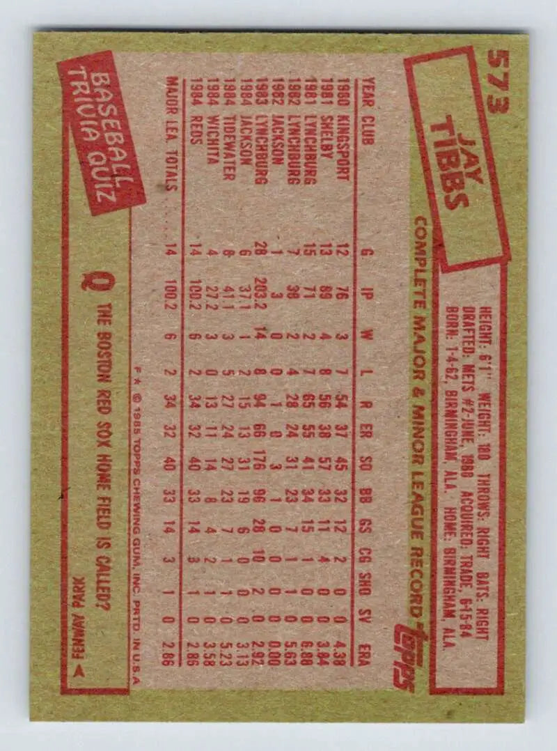 1985 Topps #573 Jay Tibbs EX Excellent Cincinnati Reds Baseball Card - Baseball Card Single