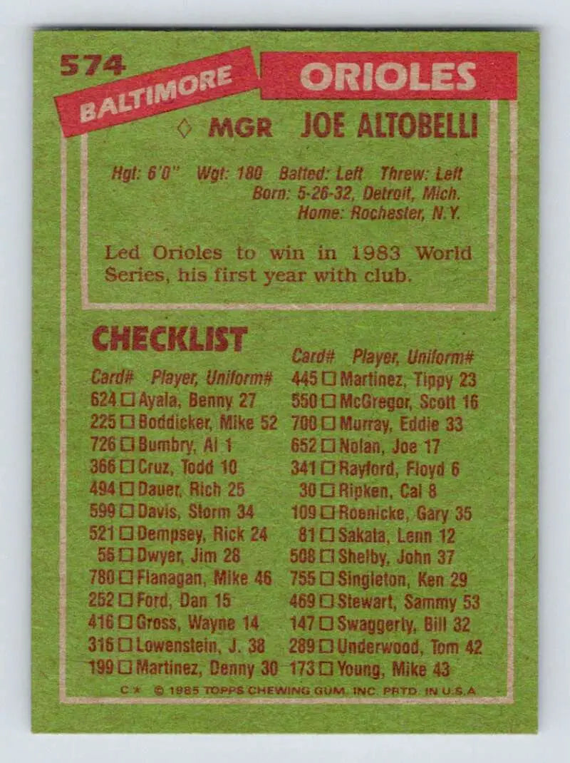 1985 Topps #574 Joe Altobelli EX Excellent Baltimore Orioles Baseball Card - Baseball Card Single