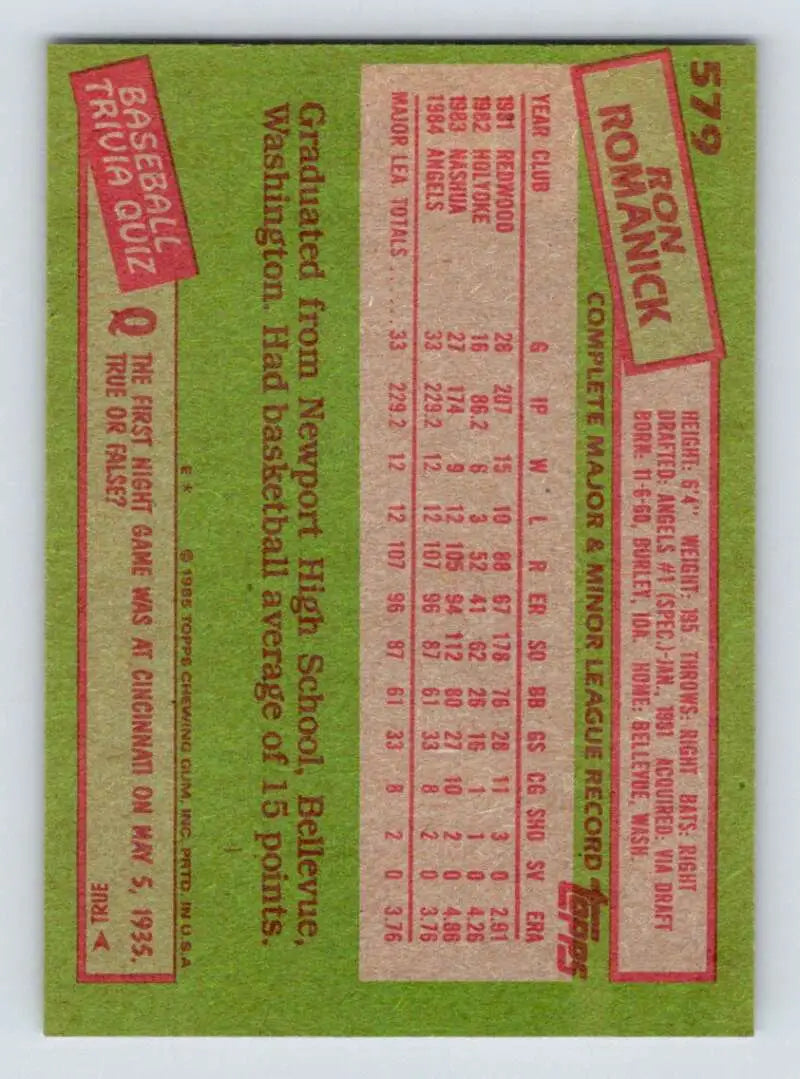 1985 Topps #579 Ron Romanick EX Excellent California Angels Baseball Card - Baseball Card Single