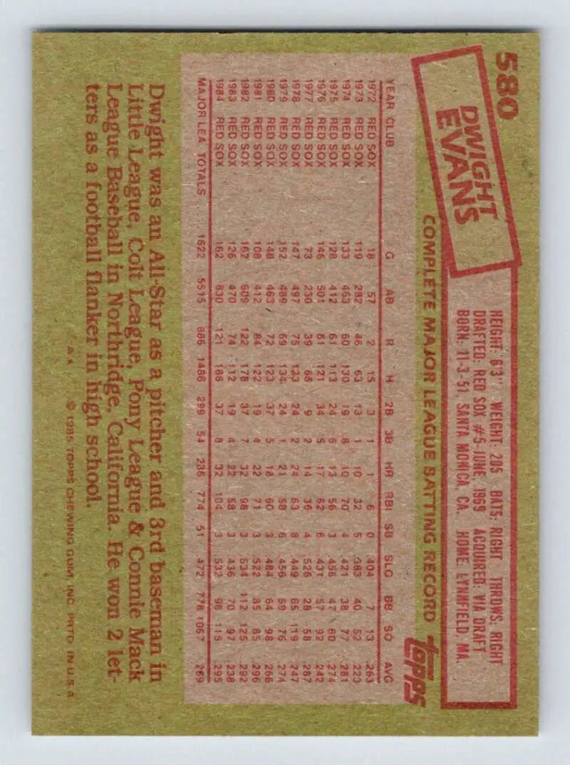 1985 Topps #580 Dwight Evans EX Excellent Boston Red Sox Baseball Card - Baseball Card Single