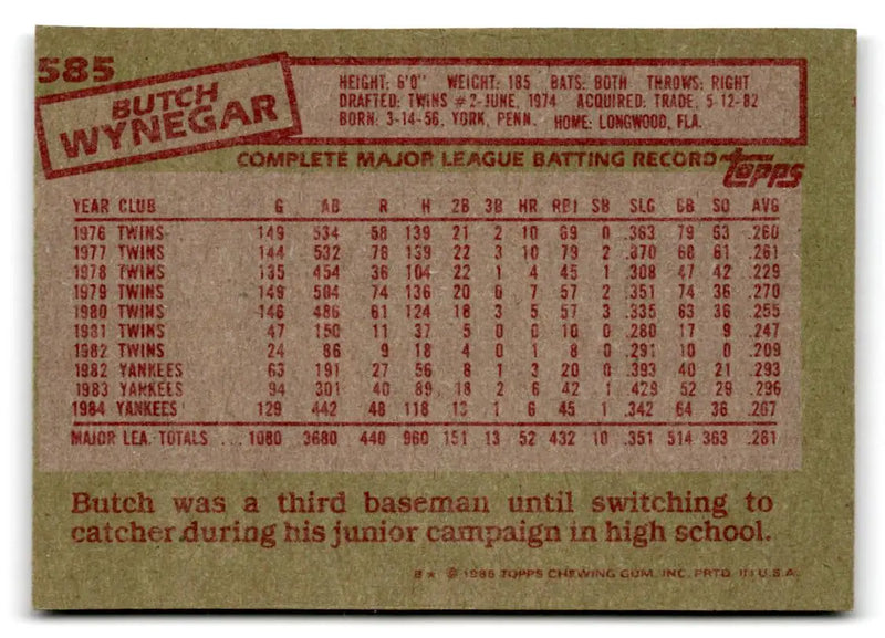 1985 Topps #585 Butch Wynegar - Baseball Card Single