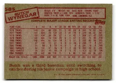 Vintage Butch Wynegar baseball card from 1985 Topps #585 featuring Butch Wynegar player