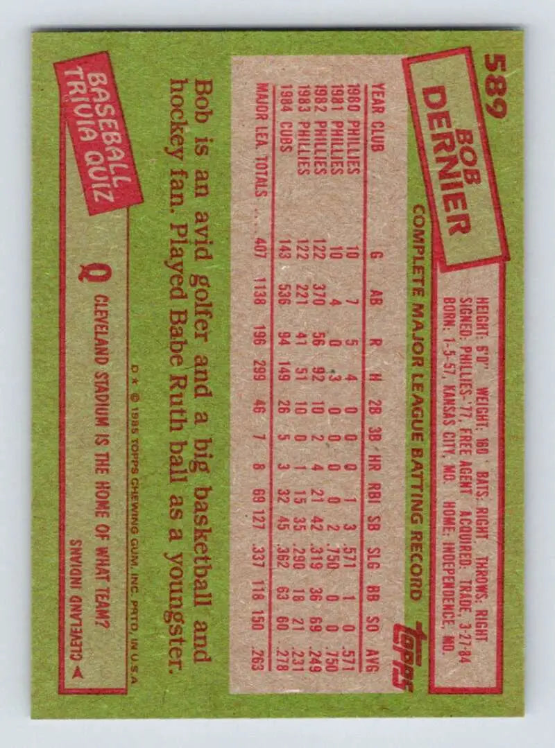 1985 Topps #589 Bob Dernier EX Excellent Chicago Cubs Baseball Card - Baseball Card Single