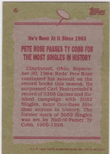 Pete Rose Record Breaker card showcasing his singles record with Cincinnati Reds