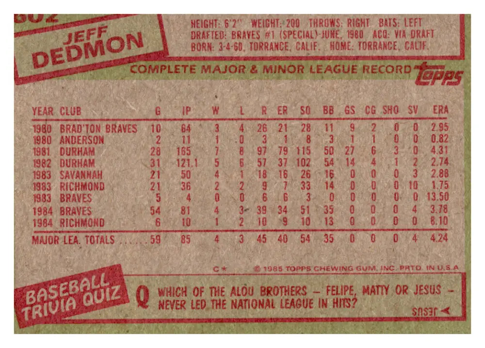 1985 Topps #602 Jeff Dedmon EX Excellent RC Rookie Atlanta Braves Baseball Card - Baseball Card Single