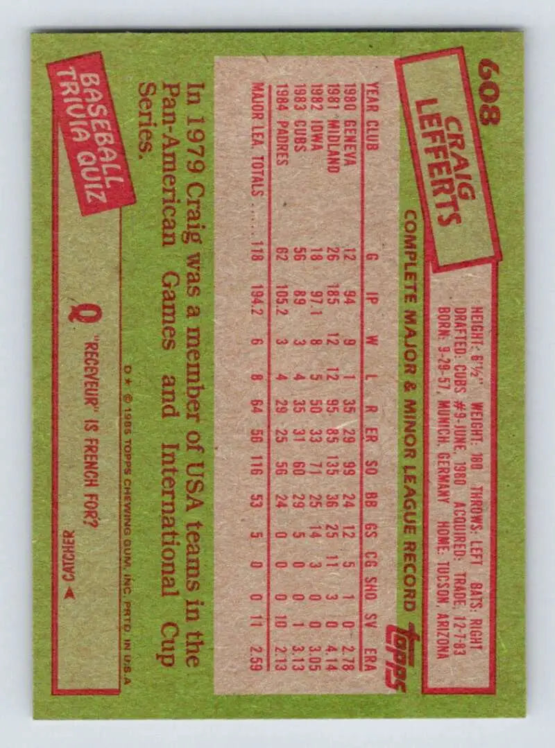 1985 Topps #608 Craig Lefferts EX Excellent San Diego Padres Baseball Card - Baseball Card Single