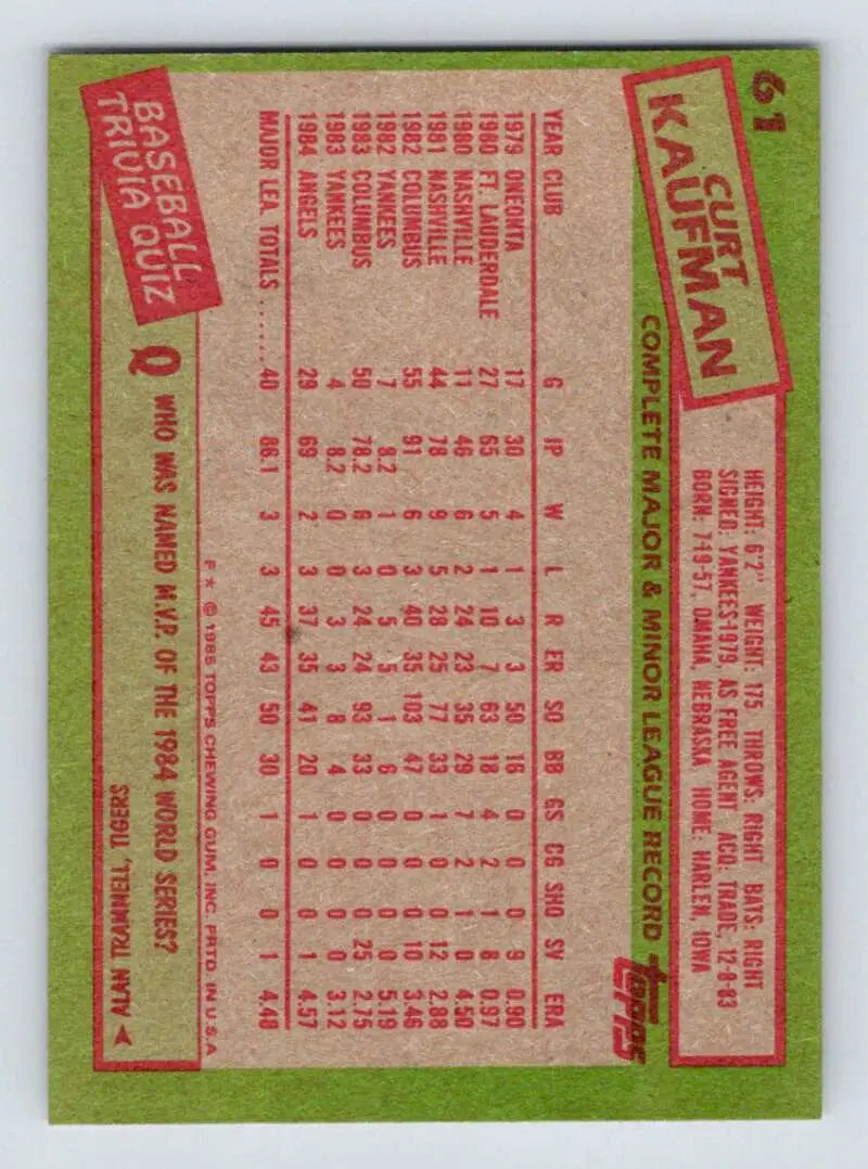 1985 Topps #61 Curt Kaufman EX Excellent RC Rookie California Angels Baseball Card - Baseball Card Single