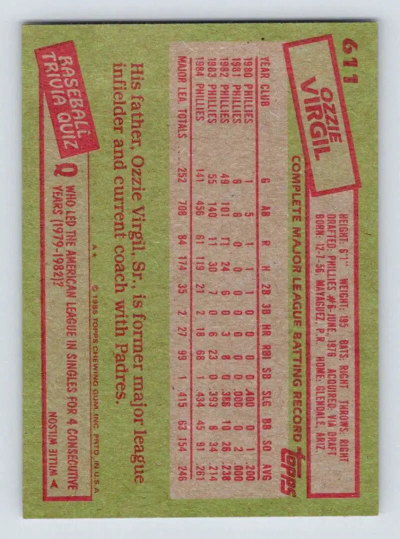 1985 Topps #611 Ozzie Virgil EX Excellent Philadelphia Phillies Baseball Card - Baseball Card Single
