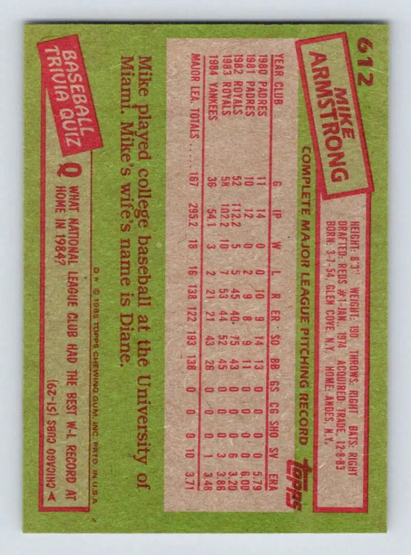 1985 Topps #612 Mike Armstrong EX Excellent New York Yankees Baseball Card - Baseball Card Single
