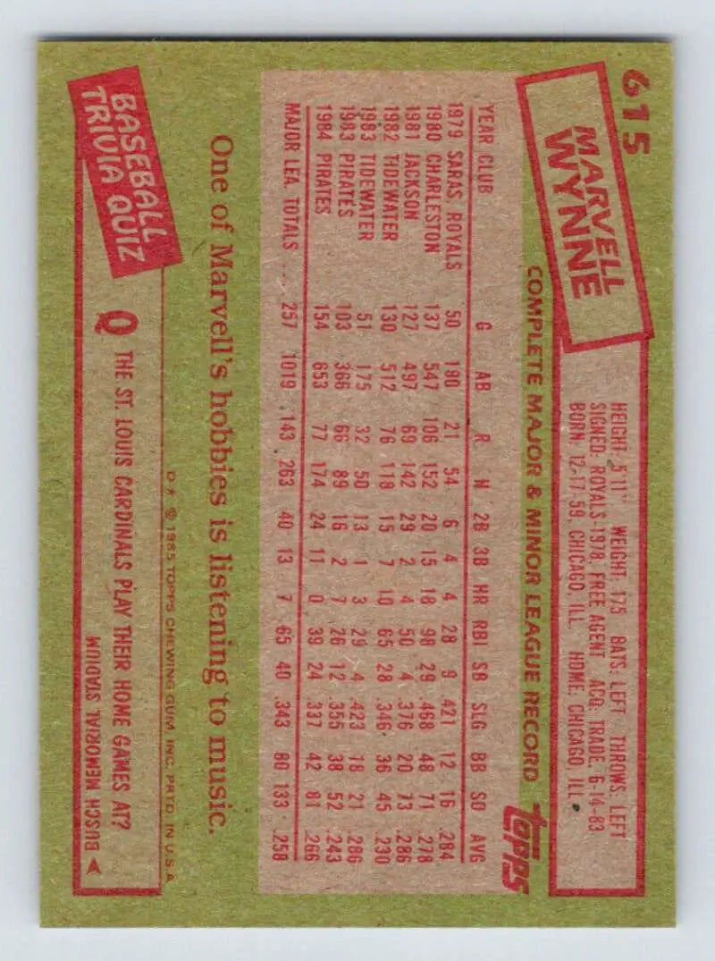 1985 Topps #615 Marvell Wynne EX Excellent Pittsburgh Pirates Baseball Card - Baseball Card Single