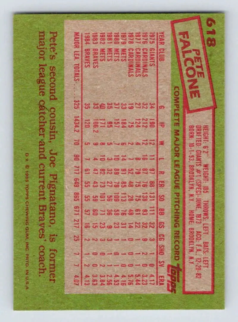 1985 Topps #618 Pete Falcone EX Excellent Atlanta Braves Baseball Card