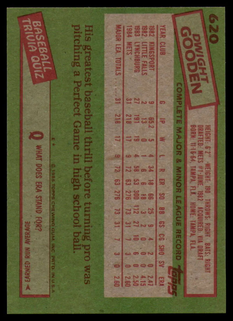 1985 Topps #620 Dwight Gooden EX Excellent RC Rookie New York Mets Baseball Card - Baseball Card Single
