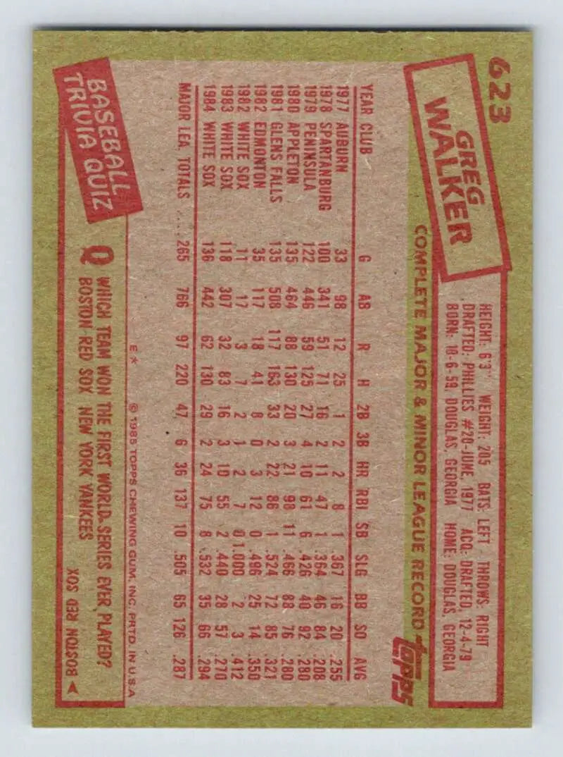1985 Topps #623 Greg Walker EX Excellent Chicago White Sox Baseball Card - Baseball Card Single