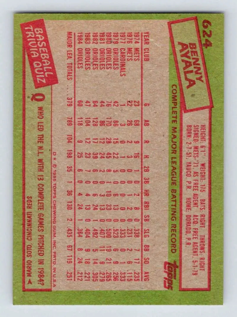 1985 Topps #624 Benny Ayala EX Excellent Baltimore Orioles Baseball Card - Baseball Card Single