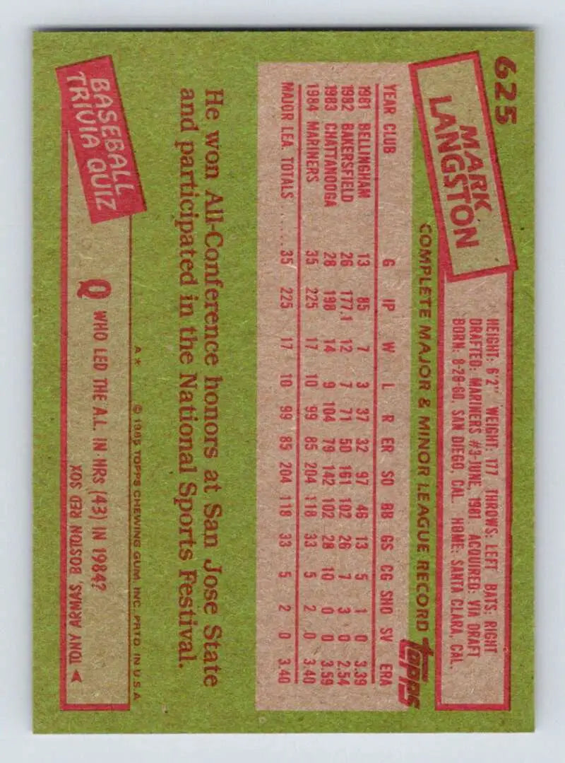 1985 Topps #625 Mark Langston EX Excellent RC Rookie Seattle Mariners Baseball Card - Baseball Card Single