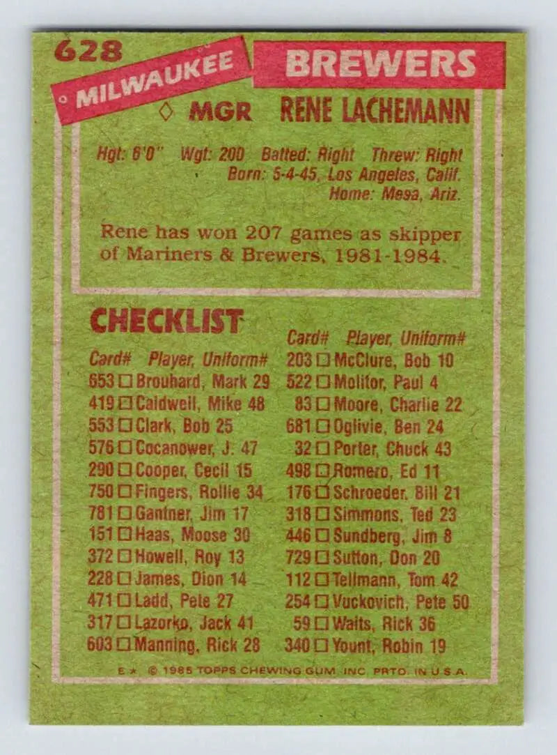 1985 Topps #628 Rene Lachemann EX Excellent Milwaukee Brewers Baseball Card - Baseball Card Single