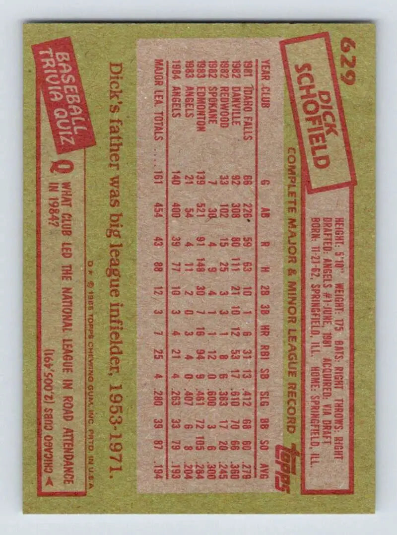1985 Topps #629 Dick Schofield EX Excellent California Angels Baseball Card - Baseball Card Single