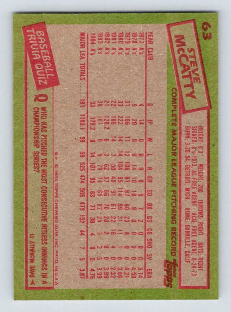 1985 Topps #63 Steve McCatty EX Excellent Oakland Athletics Baseball Card - Baseball Card Single