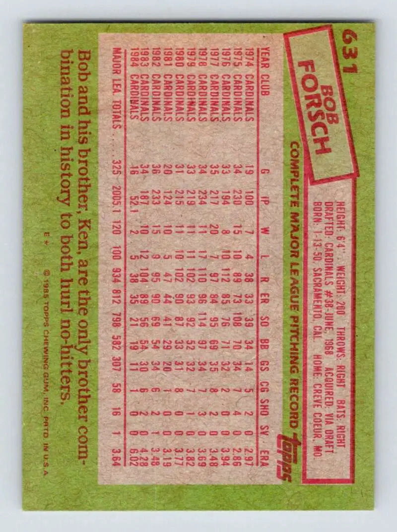 1985 Topps #631 Bob Forsch EX Excellent St. Louis Cardinals Baseball Card - Baseball Card Single