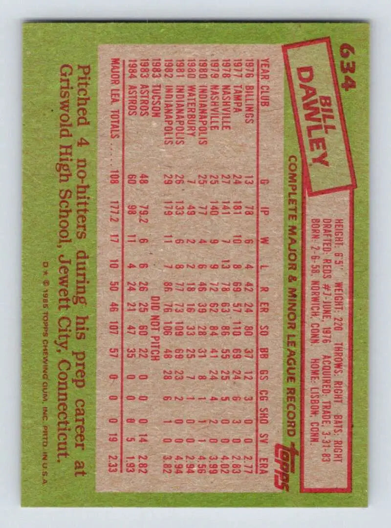 1985 Topps #634 Bill Dawley EX Excellent Houston Astros Baseball Card - Baseball Card Single