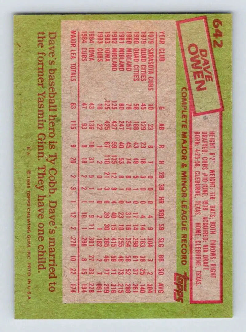1985 Topps #642 Dave Owen EX Excellent RC Rookie Chicago Cubs Baseball Card - Baseball Card Single