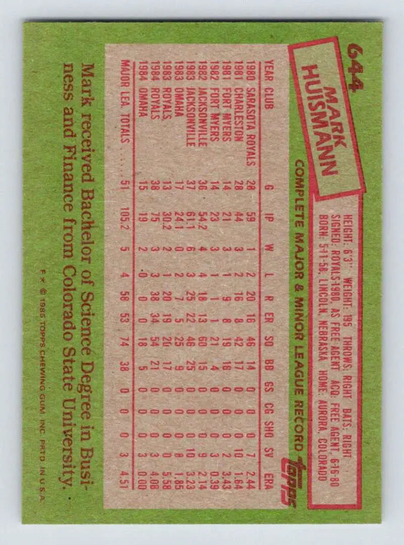 1985 Topps #644 Mark Huismann EX Excellent Kansas City Royals Baseball Card - Baseball Card Single