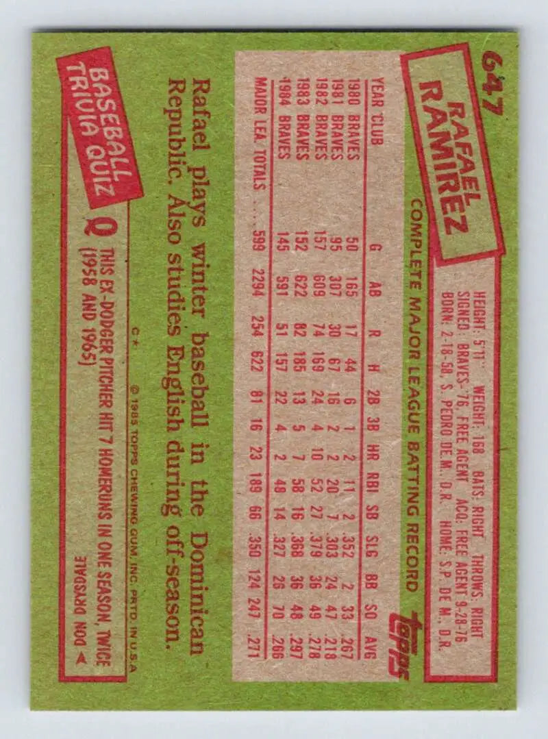 1985 Topps #647 Rafael Ramirez EX Excellent Atlanta Braves Baseball Card - Baseball Card Single