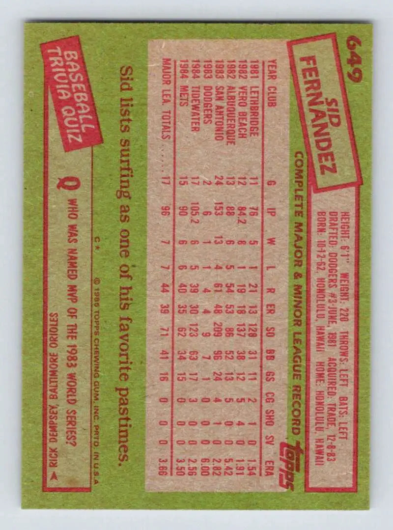 1985 Topps #649 Sid Fernandez EX Excellent New York Mets Baseball Card - Baseball Card Single