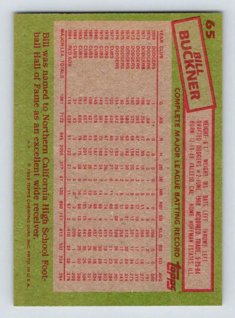 1985 Topps #65 Bill Buckner EX Excellent Boston Red Sox Baseball Card - Baseball Card Single