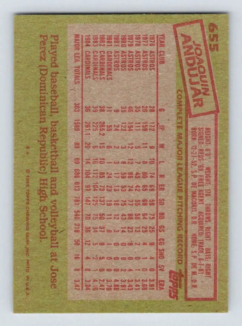 1985 Topps #655 Joaquin Andujar EX Excellent St. Louis Cardinals Baseball Card - Baseball Card Single
