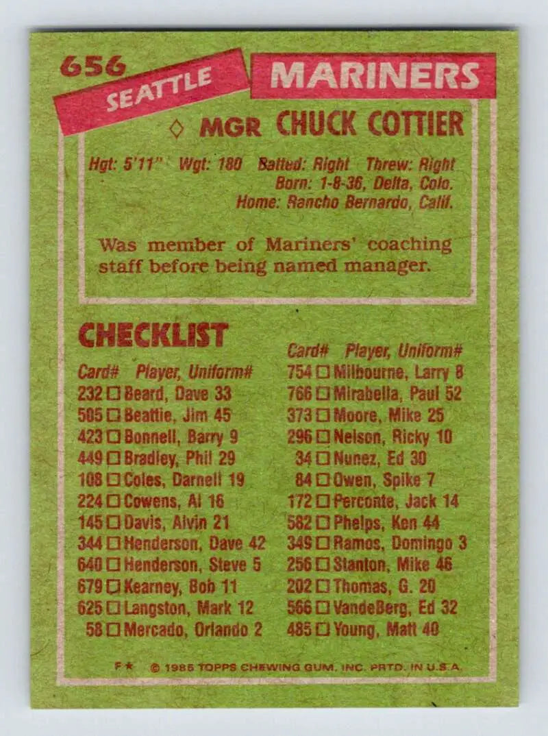 1985 Topps #656 Chuck Cottier EX Excellent Seattle Mariners Baseball Card - Baseball Card Single