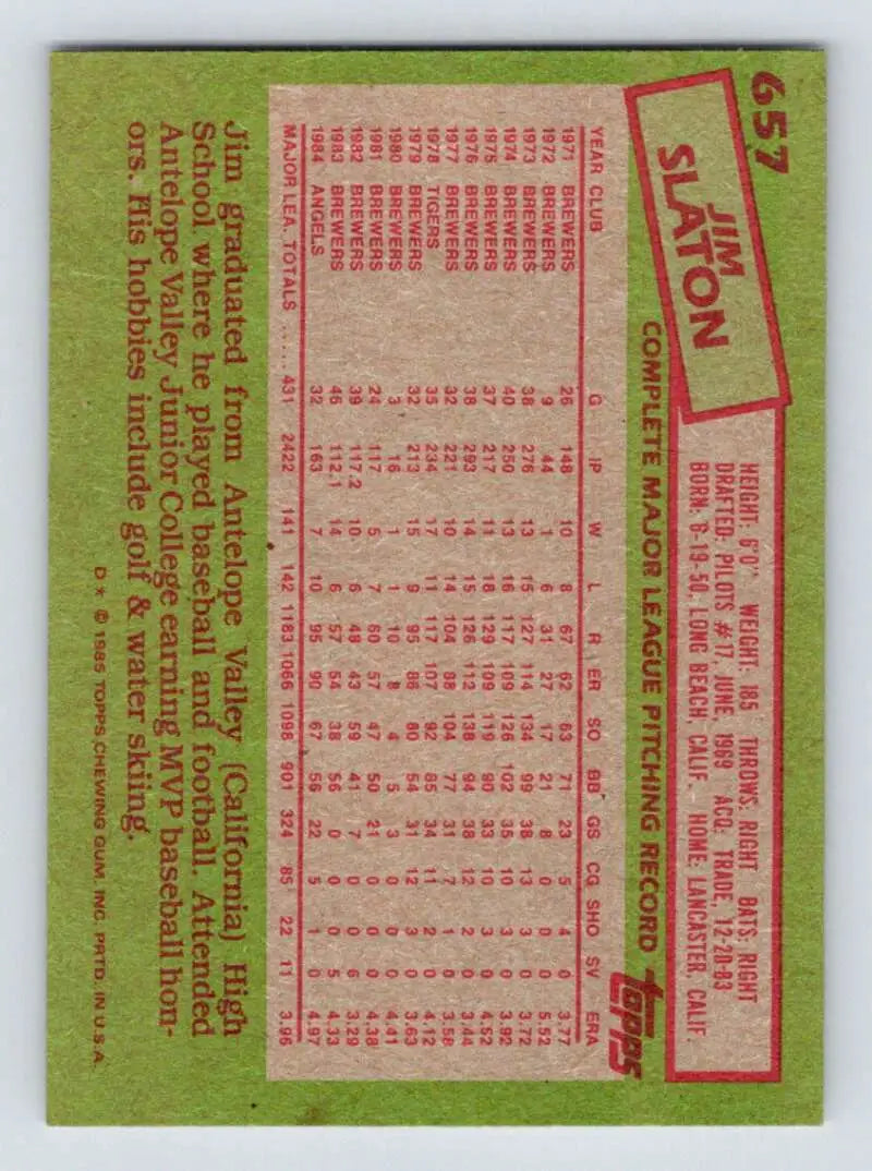 1985 Topps #657 Jim Slaton EX Excellent California Angels Baseball Card - Baseball Card Single