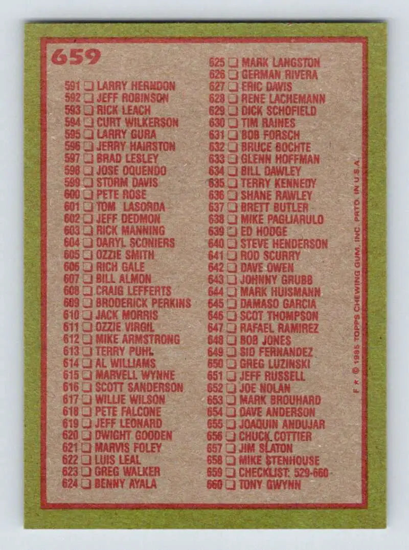 1985 Topps #659 Checklist: 529-660 EX Excellent Baseball Card - Baseball Card Single