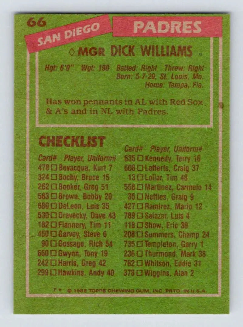 1985 Topps #66 Dick Williams EX Excellent San Diego Padres Baseball Card - Baseball Card Single
