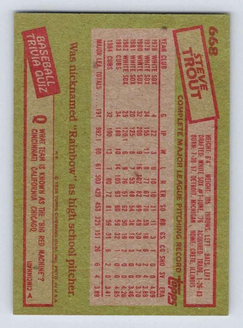 1985 Topps #668 Steve Trout EX Excellent Chicago Cubs Baseball Card - Baseball Card Single