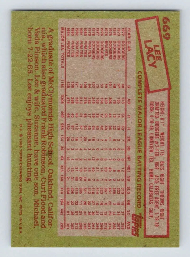 1985 Topps #669 Lee Lacy EX Excellent Pittsburgh Pirates Baseball Card - Baseball Card Single