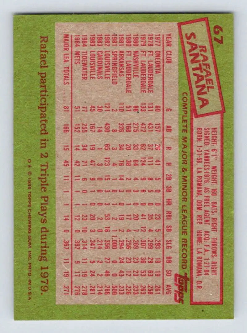 1985 Topps #67 Rafael Santana EX Excellent New York Mets Baseball Card - Baseball Card Single