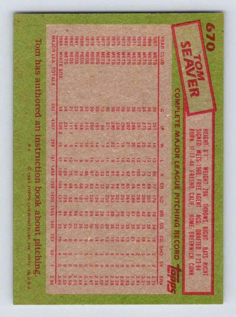 1985 Topps #670 Tom Seaver EX Excellent Chicago White Sox Baseball Card - Baseball Card Single