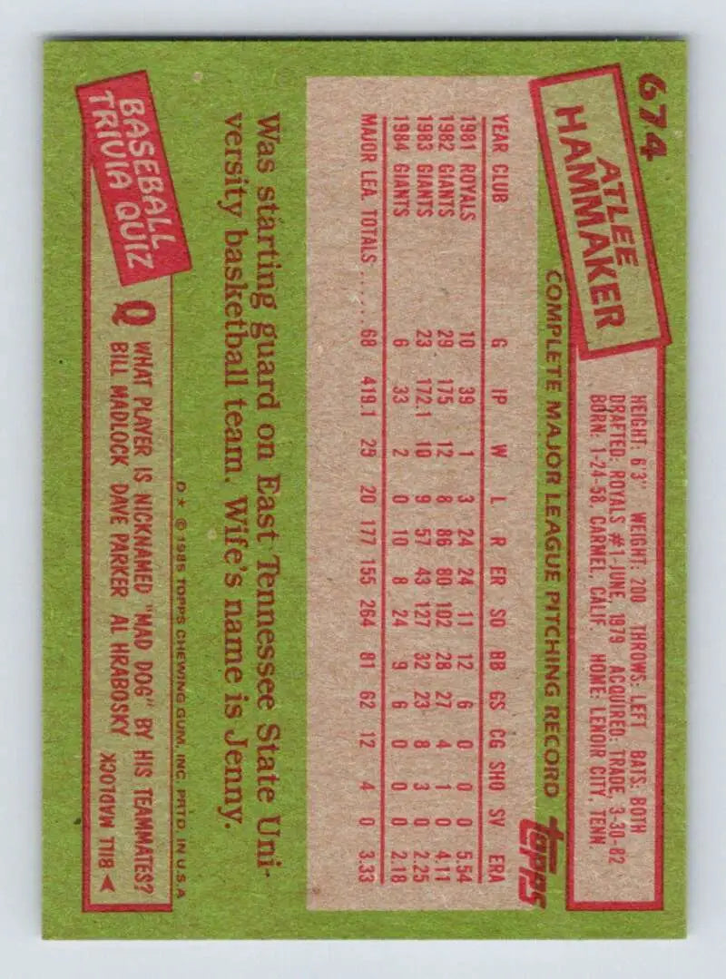 1985 Topps #674 Atlee Hammaker EX Excellent San Francisco Giants Baseball Card - Baseball Card Single
