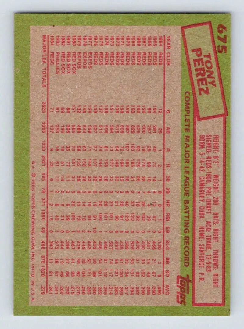 1985 Topps #675 Tony Perez EX Excellent Cincinnati Reds Baseball Card - Baseball Card Single