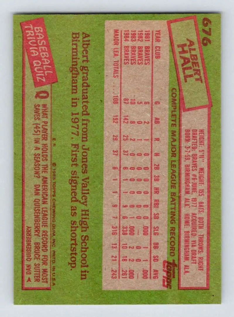 1985 Topps #676 Albert Hall EX Excellent RC Rookie Atlanta Braves Baseball Card - Baseball Card Single