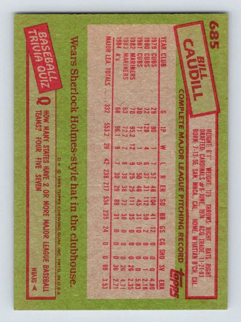 1985 Topps #685 Bill Caudill EX Excellent Oakland Athletics Baseball Card - Baseball Card Single