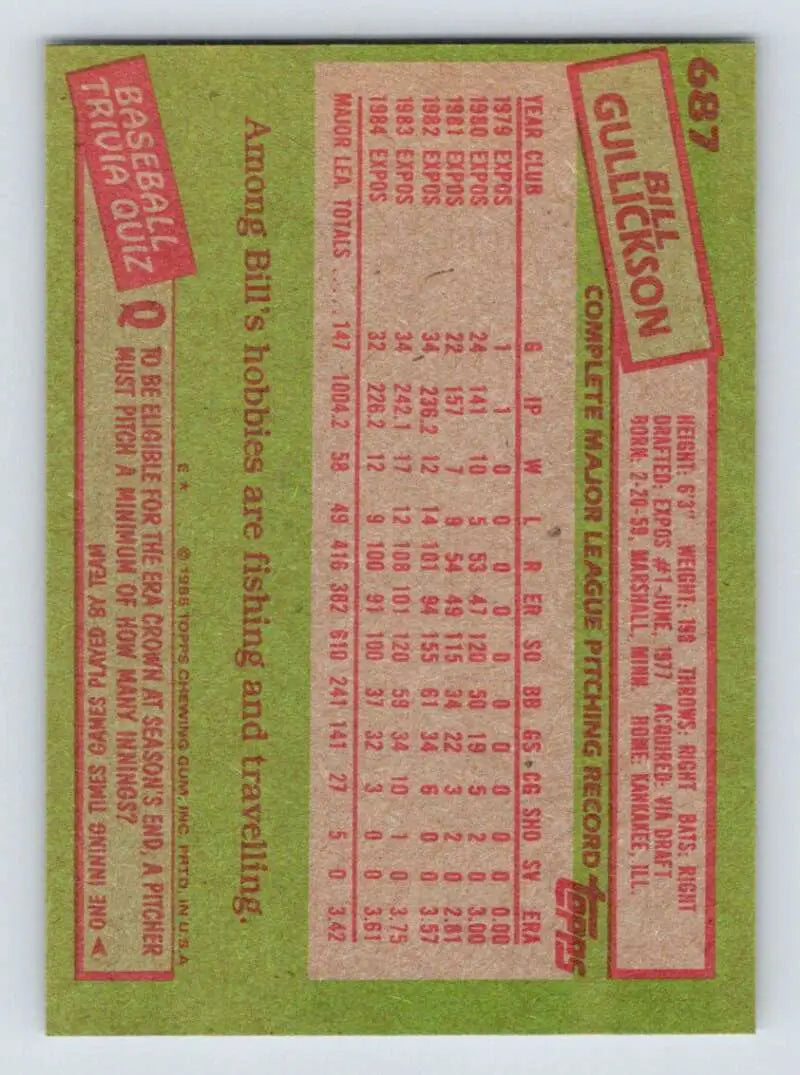 1985 Topps #687 Bill Gullickson EX Excellent Montreal Expos Baseball Card - Baseball Card Single