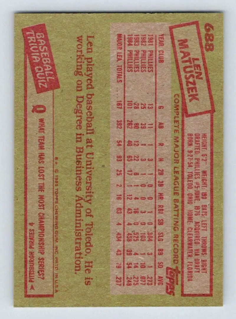 1985 Topps #688 Len Matuszek EX Excellent Philadelphia Phillies Baseball Card - Baseball Card Single