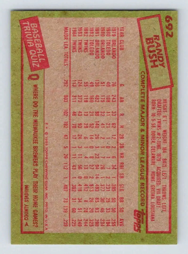 1985 Topps #692 Randy Bush EX Excellent Minnesota Twins Baseball Card - Baseball Card Single