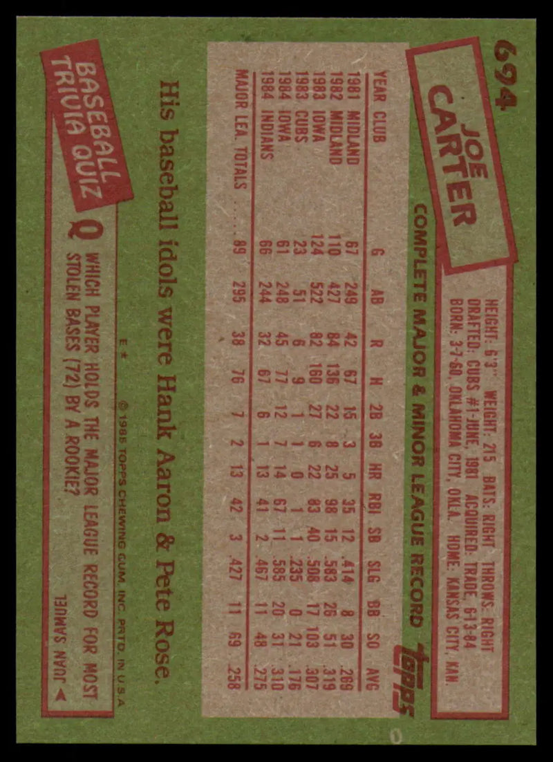1985 Topps #694 Joe Carter EX Excellent Cleveland Indians Baseball Card - Baseball Card Single