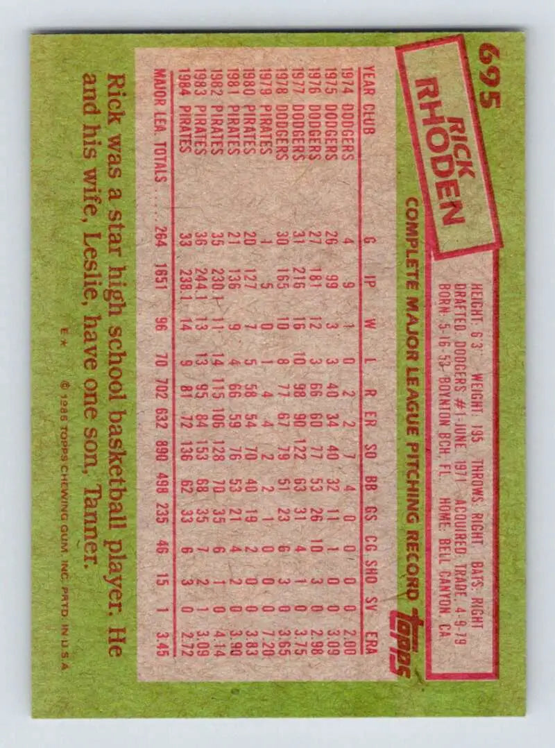 1985 Topps #695 Rick Rhoden EX Excellent Pittsburgh Pirates Baseball Card - Baseball Card Single
